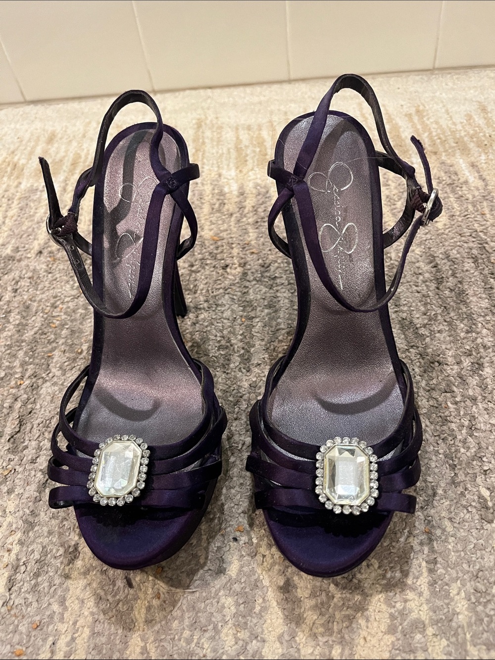 Jessica Simpson Deep Purple Satin Jewel-Accented Slingback Heels